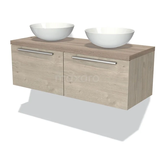 Holz Badezimmermöbel mit doppelten Aufsatzwaschbecken, modernen Griffen und schwebendem Design für ein stilvolles Badezimmer.