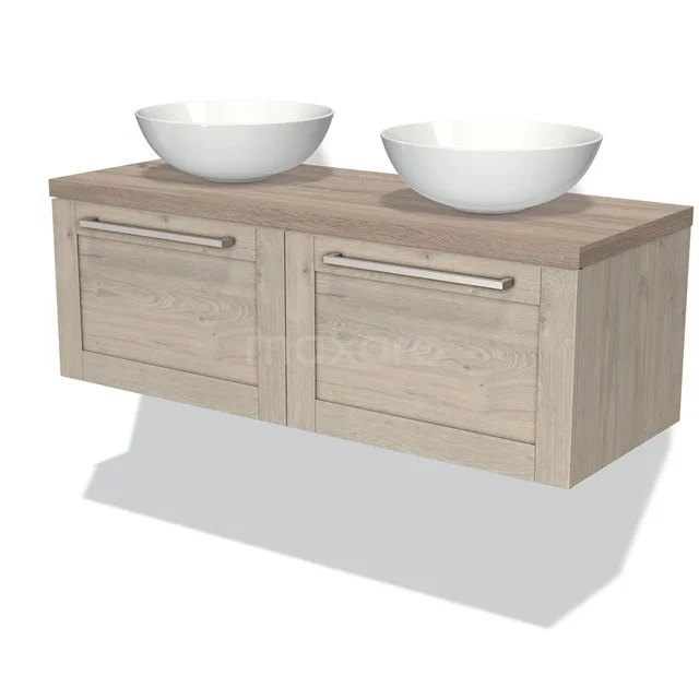 Wooden vanity units with double basin, light oak finish, modern handles and spacious storage drawers.