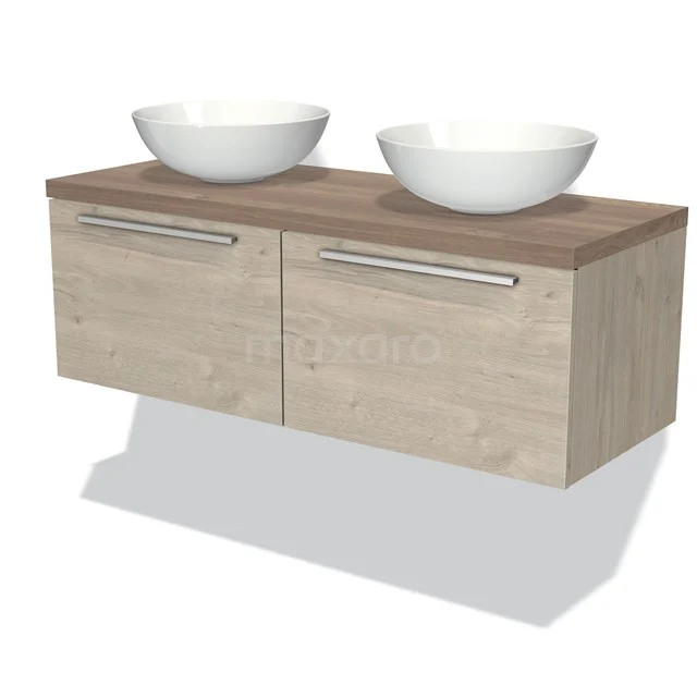 Modulo Plato Badmöbel mit Aufsatzwaschbecken | 120 cm Hellgraue Eiche Flach front Mittelbraune Eiche blatt 2 nebeneinanderliegende Schubladen BMK12-00377 Holz Badezimmermöbel mit doppelten Aufsatzwaschbecken, heller Eiche Oberflächenbehandlung, modernes Aussehen und Wandmontage.