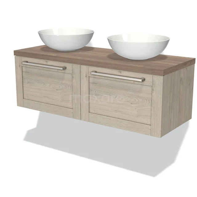 Holz Badezimmermöbel mit Doppelwaschbecken, Eiche-Finish, modernes Design und Schubladen, ideal für ein stilvolles Badezimmer.