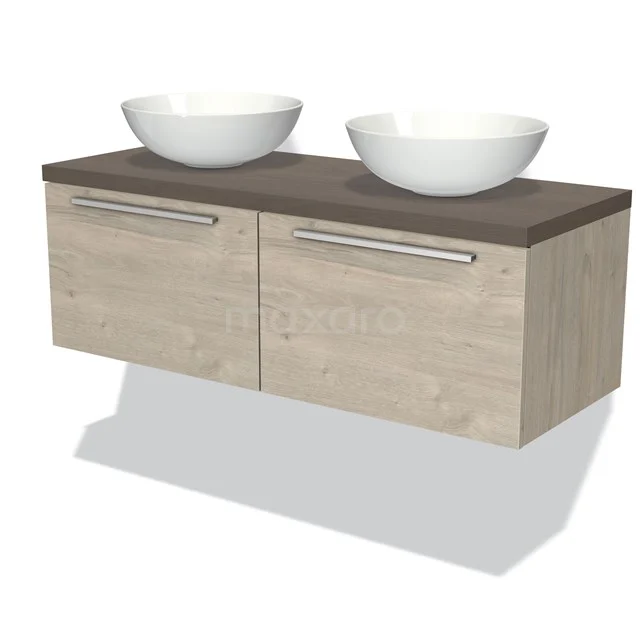 Waschtisch Holzoptik mit dunkler Platte, doppelte Aufsatzwaschbecken, modernes Design, ideal für stilvolle Badezimmergestaltung.