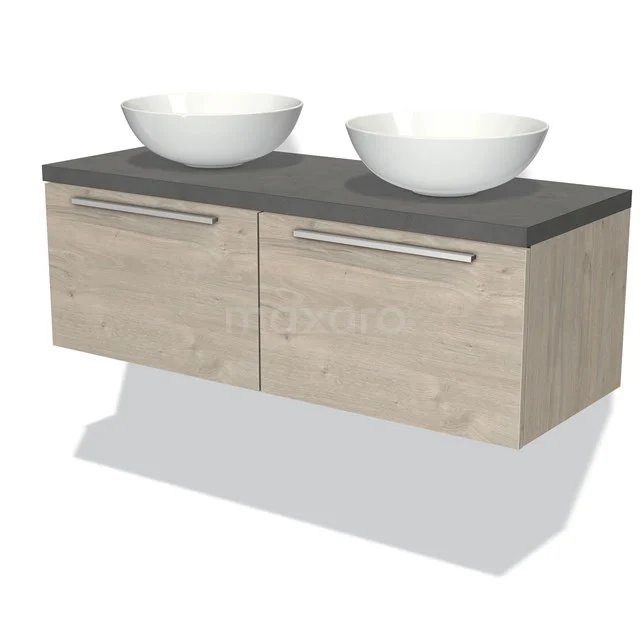 Holz-Badmöbel mit zwei weißen Waschbecken, grauer Platte, Softclose-Schubladen und modernem Design. Perfekt für ein stilvolles Badezimmer.