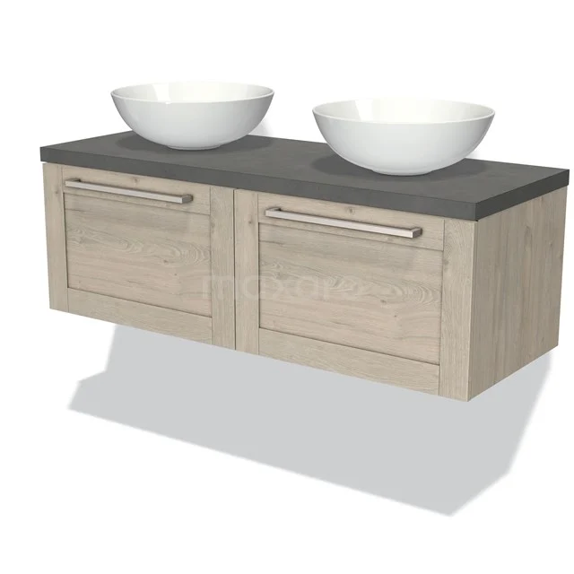 Modulo Plato Vanity units for countertop basin | 120 cm Light grey oak Frame front Dark grey concrete worktop 2 Side-by-side drawers BMK12-00386 Floating bathroom furniture set in oak look with dark grey worktop, double countertop wash basins and spacious storage drawers.
