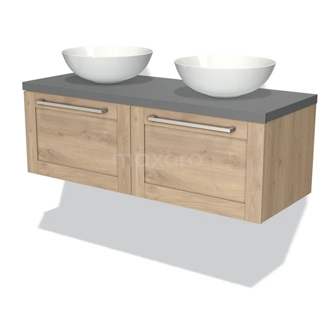 Wooden bathroom unit with grey worktop, double vanity units for countertop wash basins and drawer handles; modern design for stylish bathroom design.