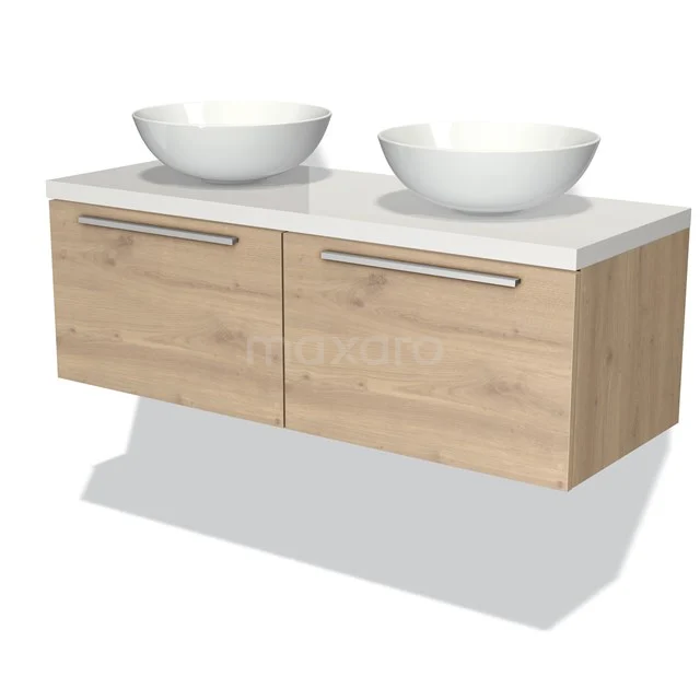 Badmöbel für Waschtischunterschrank mit Konsole 120cm Modulo Plato Hellbraune Eiche 2 Schubladen Flach Hochglanz Weiß Platte BMK12-00391 Eichen Badezimmermöbel mit weißer Platte und doppelten Aufsatzwaschbecken, schwebendes Design für ein modernes Badezimmer.
