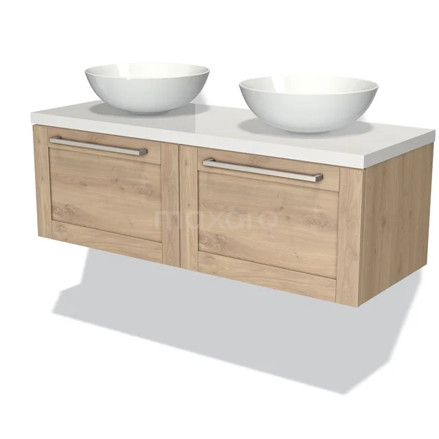 Modulo Plato Vanity units for countertop basin | 120 cm Light brown oak Frame front High-gloss white worktop 2 Side-by-side drawers BMK12-00392 Wooden bathroom unit with two white countertop wash basins, modern drawer handles and sleek design for a stylish bathroom.