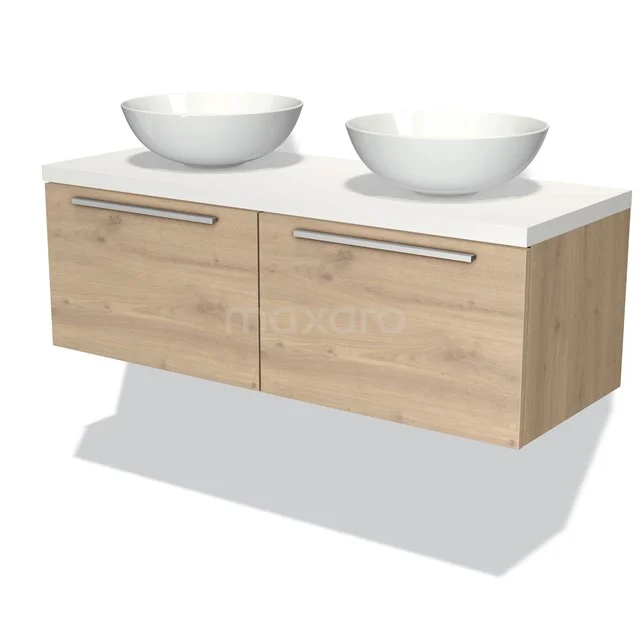 Holz-Badmöbel mit weißem Doppel-Aufsatzwaschbecken, modernes Design und hängendes Modell, ideal für eine stilvolle Badezimmergestaltung.