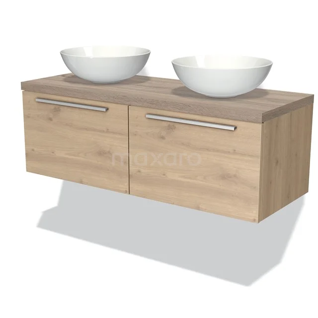 Holz-Waschtisch mit doppeltem Aufsatzwaschbecken, modernes Design, ideal für eine stilvolle Badezimmergestaltung.