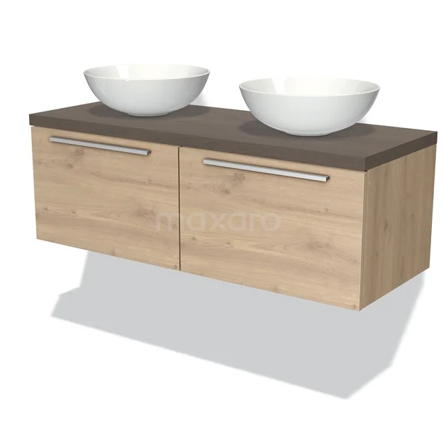 Holz Badezimmermöbel mit Doppelwaschbecken, modernes Design, helle Eiche Oberfläche und dunkelbraune Platte.