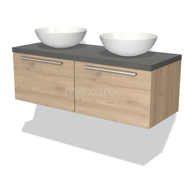 Badmöbel für Aufsatzwaschbecken 120cm Modulo Plato Hellbraune Eiche 2 Schubladen Flach Dunkelgrauer Beton Platte BMK12-00411 Hängendes Badmöbel mit doppelten weißen Aufsatzwaschbecken, Holzfront und Dunkelgrau Platte, ideal für moderne Bäder.