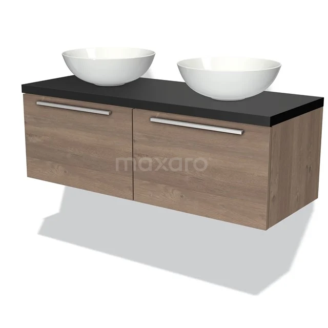 Modulo Plato Vanity units for countertop basin | 120 cm Mid brown oak Flat front Matte black worktop 2 Side-by-side drawers BMK12-00413