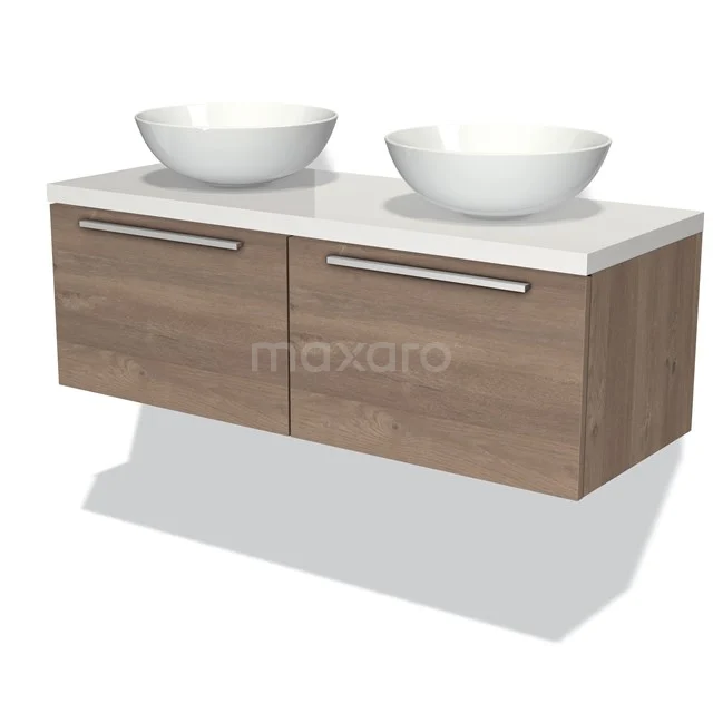 Modulo Plato Vanity units for countertop basin | 120 cm Mid brown oak Flat front High-gloss white worktop 2 Side-by-side drawers BMK12-00417