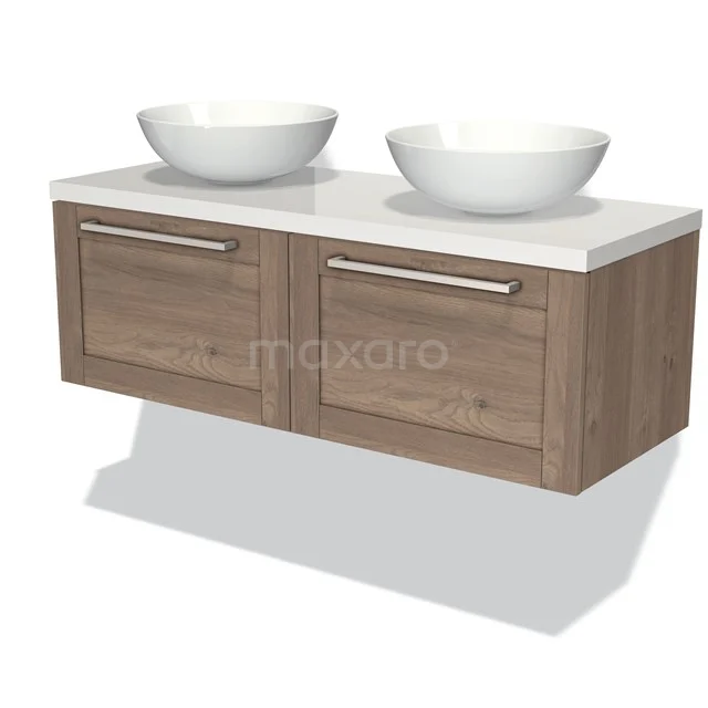 Modulo Plato Badmöbel mit Aufsatzwaschbecken | 120 cm Mittelbraune Eiche Rahmen front Hochglanz Weiß blatt 2 nebeneinanderliegende Schubladen BMK12-00418 Hölzernes Doppelwaschbeckenmöbel mit keramischen Aufsatzwaschbecken, modernes Design für das Badezimmer.