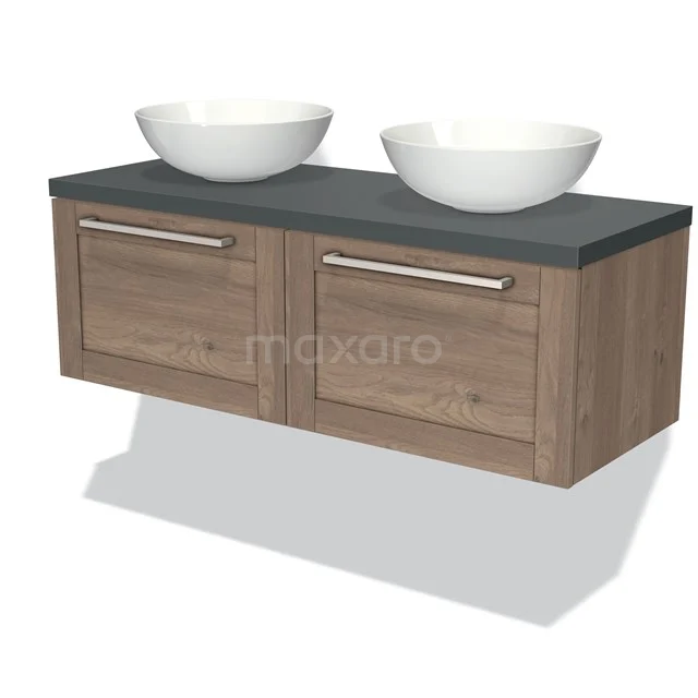 Wooden bathroom unit with double countertop wash basins, dark grey worktop, modern handles, stylish and practical for any bathroom.