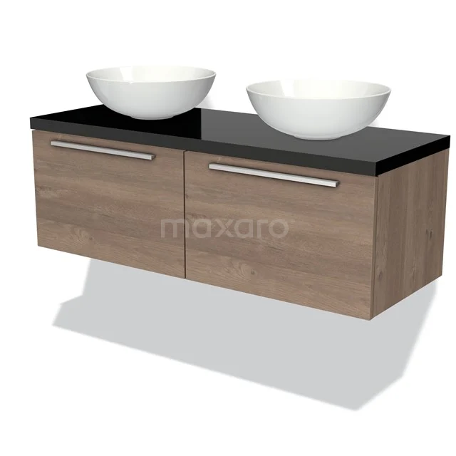 Holz Badezimmermöbel mit Schwarz Platte, zwei weißen Aufsatzwaschbecken und metallischen Griffen; stilvolles und modernes Design für das Badezimmer.