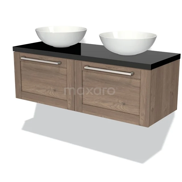Wooden bathroom unit with two white countertop basins and black worktop, modern design for a stylish bathroom.