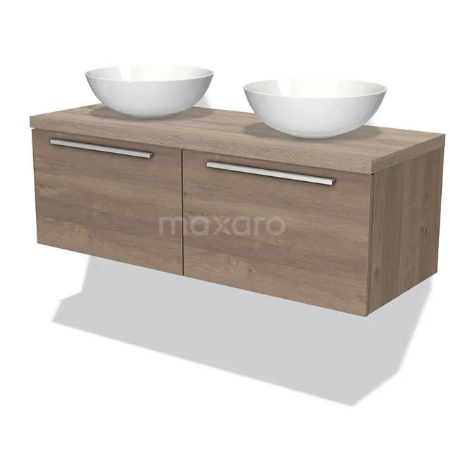 Badmöbel für Waschtischunterschrank mit Konsole 120cm Modulo Plato mittelbraune Eiche 2 Schubladen Flache Platte aus Eiche BMK12-00425 Hölzernes Badezimmermöbel mit zwei Aufsatzwaschbecken, modernen Haltegriffen und schwebendem Design, ideal für ein stilvolles Badezimmer.