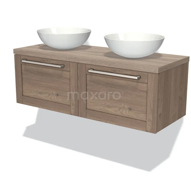 Holz Badmöbel mit zwei weißen Aufsatzwaschbecken, modernes Design und Soft-Close Schubladen, perfekt für ein stilvolles Badezimmer.