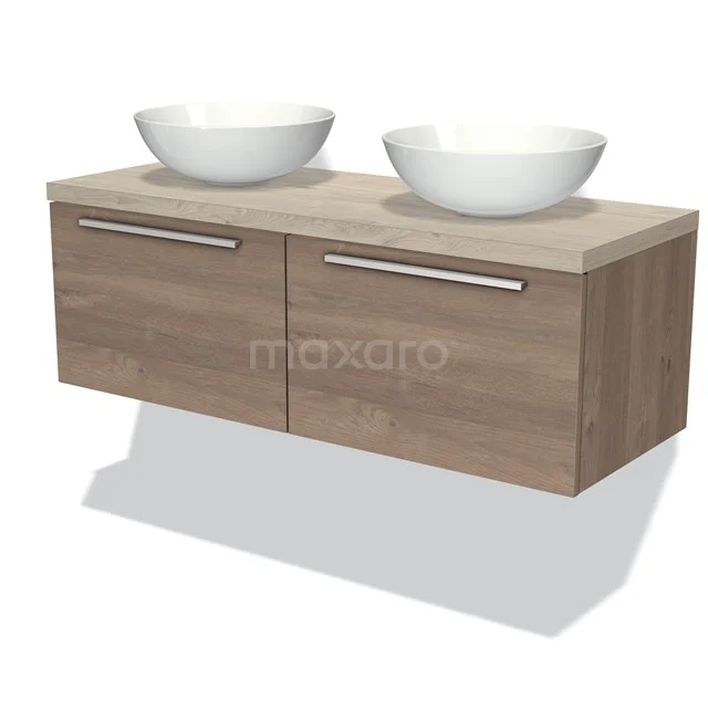 Holz Badezimmermöbel mit zwei weißen Aufsatzwaschbecken, schwebendes Design, ausgestattet mit silberfarbenen Haltegriffen.