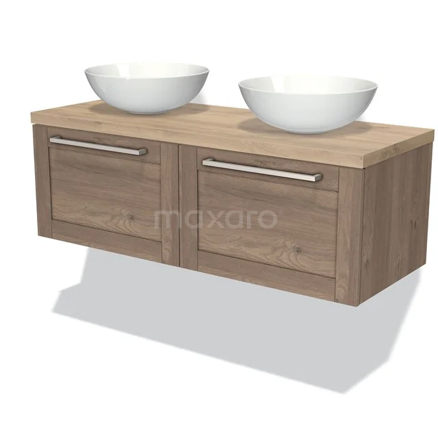 Wooden bathroom unit with double basins, modern design, featuring two drawers and a natural wood finish.