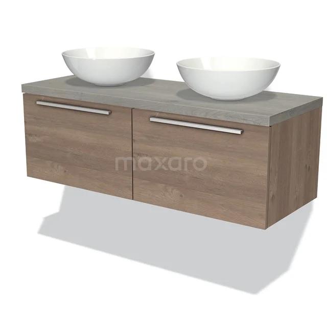 Modulo Plato Badkamermeubel voor waskom | 120 cm Middenbruin eiken Vlak front Grijs eiken blad 2 lades naast elkaar BMK12-00433