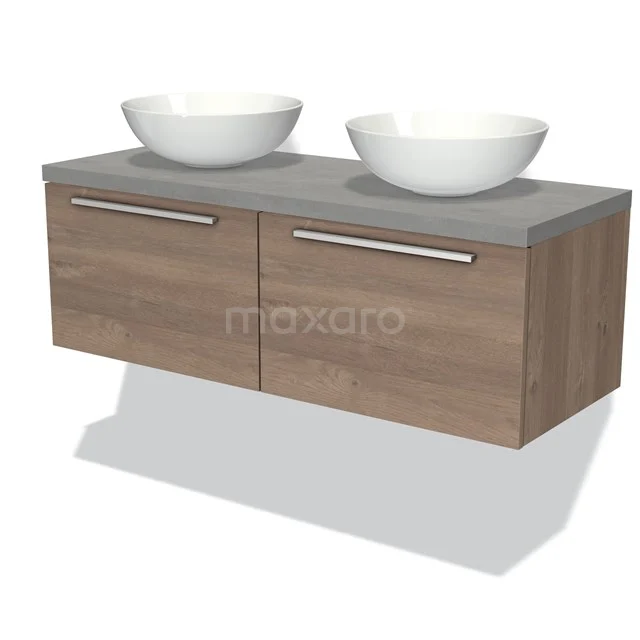 Hölzernes Badezimmermöbel mit zwei weißen Aufsatzwaschbecken, grauem Steinlook Platte und minimalistischem Design für moderne Bäder.