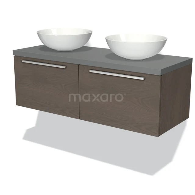 Modern hängendes Badmöbel mit zwei weißen Aufsatzwaschbecken, Holzlook-Oberfläche und grauer Platte.