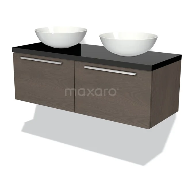 Badmöbel für Aufsatzwaschbecken 120cm Modulo Plato dunkelbraune Eiche 2 Schubladen Flach Hochglanz Schwarz Platte BMK12-00449 Holz Badezimmermöbel mit dunkelbrauner Oberfläche, Schwarz Platte und zwei runden weißen Aufsatzwaschbecken, modernes Design.