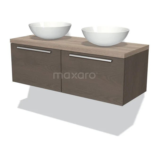 Holz Badezimmermöbel mit zwei weißen Aufsatzwaschbecken, modernes Design und Soft-Close Schubladen, perfekt für ein stilvolles Badezimmer.