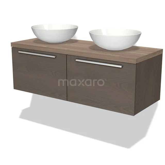 Badmöbel für Waschtischunterschrank mit Konsole 120cm Modulo Plato dunkelbraune Eiche 2 Schubladen Flache mittelbraune Eiche Platte BMK12-00457 Holz Badezimmermöbel mit zwei weißen Aufsatzwaschbecken, modernes Design, hängend mit metallischen Haltegriffen.