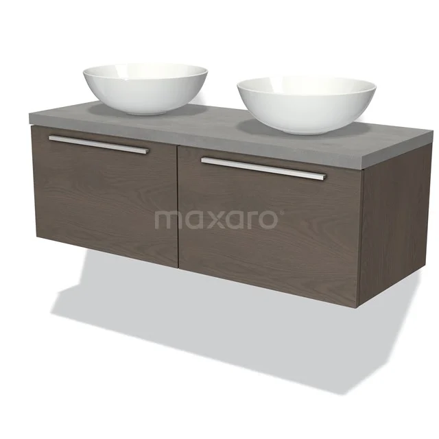 Badmöbel für Aufsatzwaschbecken 120cm Modulo Plato dunkelbraune Eiche 2 Schubladen Flach hellgrauer Beton Platte BMK12-00461 Hölzernes Badezimmermöbel mit doppeltem Aufsatzwaschbecken, grauer Platte, matter Oberfläche und metallischen Haltegriffen.