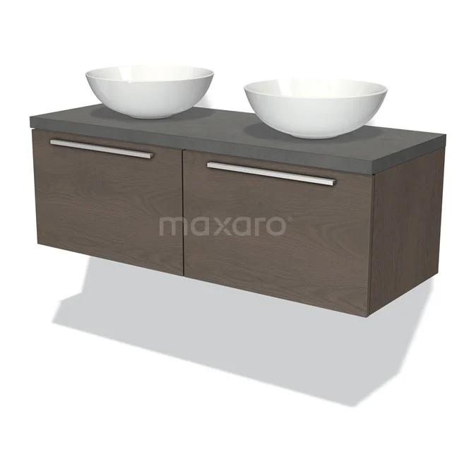 Holz Badmöbel mit anthrazit Platte und doppeltem runden Aufsatzwaschbecken, modernes Design für stilvolle Badezimmer Einrichtung.