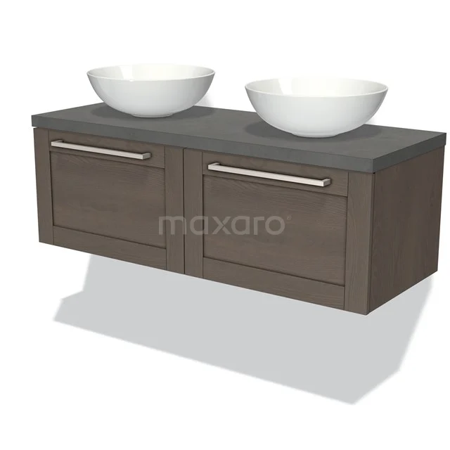 Holz-Badmöbel mit doppeltem Aufsatzwaschbecken, dunkler Eichenoberfläche, hängendem Design und modernem grauen Platte.