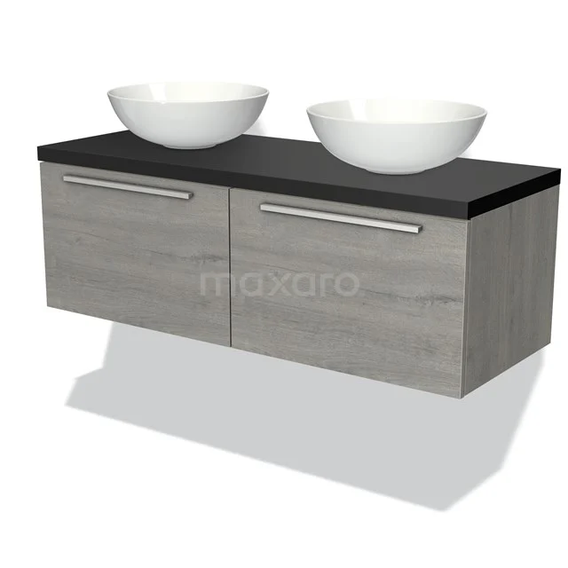 Modulo Plato Vanity units for countertop basin | 120 cm Grey oak Flat front Matte black worktop 2 Side-by-side drawers BMK12-00465