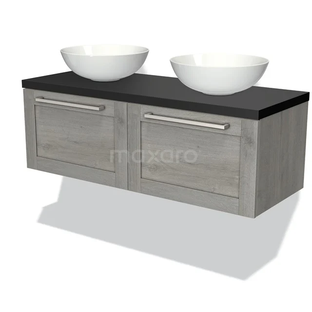 Wooden bathroom unit with grey drawers and black worktop, two white countertop basins, modern design.
