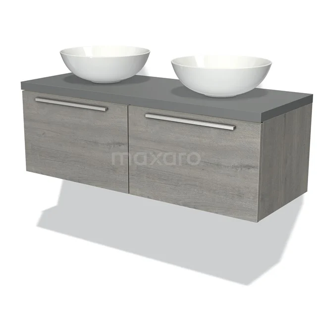 Graues Holz Badezimmermöbel mit Doppelwaschbecken, modernes Design und schwebendes Modell für stilvolle Badezimmergestaltung.