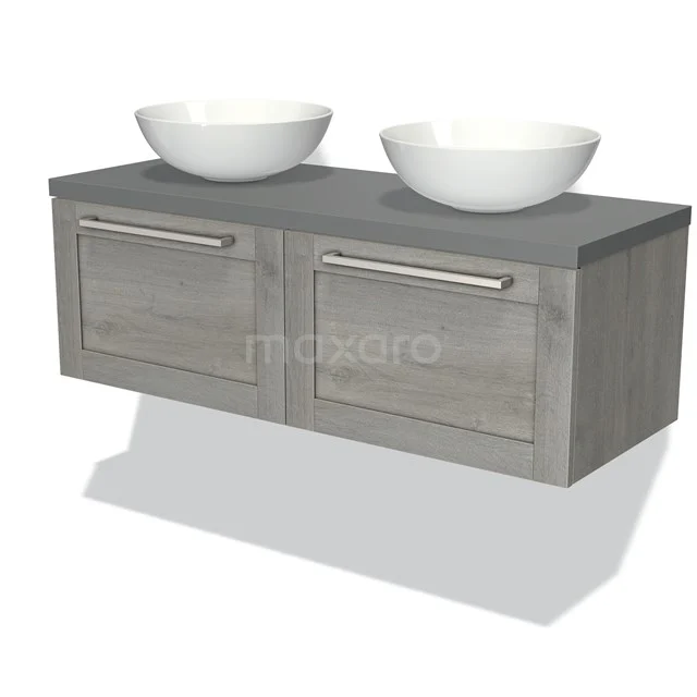 Graue Holz-Badmöbelset mit zwei weißen Aufsatzwaschbecken und metallischen Haltegriffen, moderner Stil für elegante Bäder.