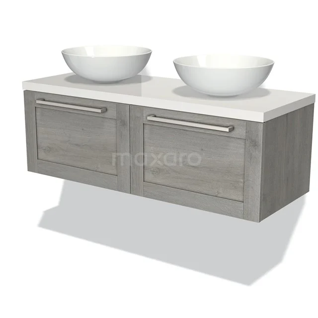 Bathroom furniture set wood-look with double chest of drawers and two white countertop basins, ideal for stylish bathroom design.