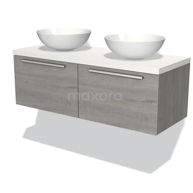 Graue Holz-Badmöbelset mit doppeltem weißen Waschbecken, schwebendem Design und modernen verchromten Haltegriffen.