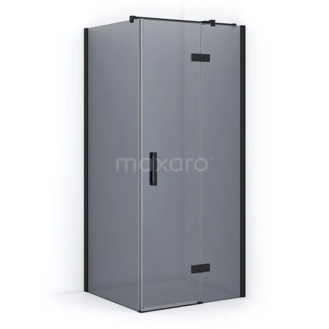 Shower enclosure with black frame, corner model, sliding door and frosted glass; stylish and modern bathroom design.