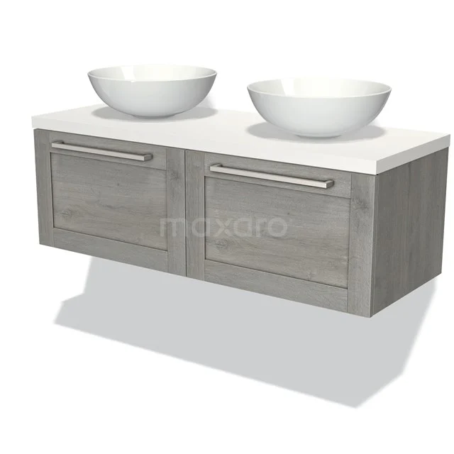 Double basin set with wood-look base cabinet, matte white top bowls, sleek design; perfect for modern bathrooms.
