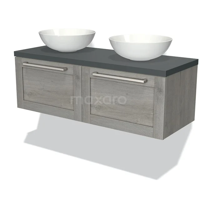 Wooden bathroom unit with grey worktop, double basin and chrome handles, modern design for a stylish bathroom.