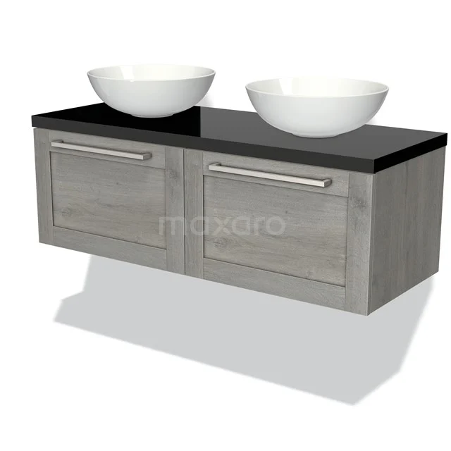 Badmöbel für Aufsatzwaschbecken 120cm Modulo Plato Grau Eiche 2 Schubladen Rahmen Hochglanz Schwarz Platte BMK12-00476 Hölzernes Badezimmermöbel mit grauem Unterschrank, schwarzer Platte und zwei weißen Aufsatzwaschbecken, ideal für eine moderne Badezimmer Einrichtung.