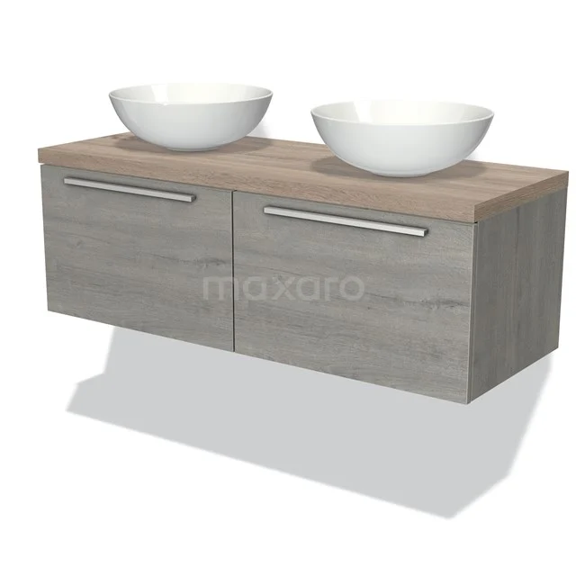 Doppelwaschbecken mit Holzoptik, grauen Schubladen und modernem Design, perfekt für eine stilvolle Badezimmer Einrichtung.