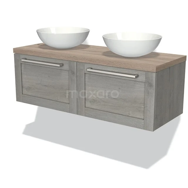 Wooden bathroom unit with two grey drawers, double basin in modern design. Perfect for a stylish bathroom.