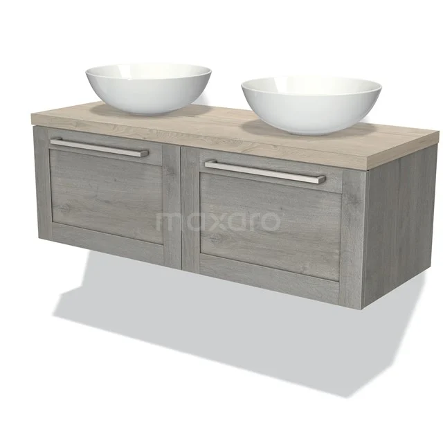 Holz Badezimmermöbel mit zwei Aufsatzwaschbecken, graue Eiche Optik und metallische Haltegriffe, modernes und kompaktes Design.