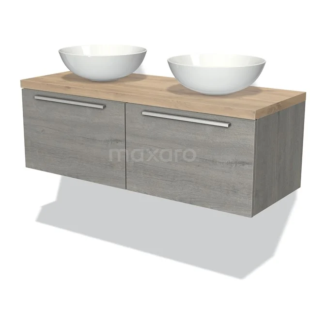 Holz Badezimmermöbel mit grauen Schubladen, doppeltem weißen Aufsatzwaschbecken, modernem Design und rostfreien Haltegriffen.