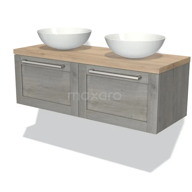 Wooden bathroom unit with grey tones, double basin, modern design, hanging model and suitable for stylish bathrooms.