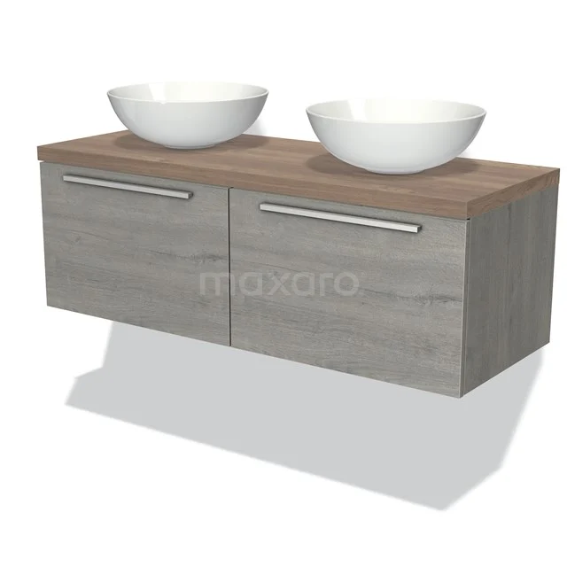 Holz-Badmöbel mit grauen Schubladen, doppelten Aufsatzwaschbecken und metallenen Haltegriffen, ideal für einen modernen Badezimmerstil.