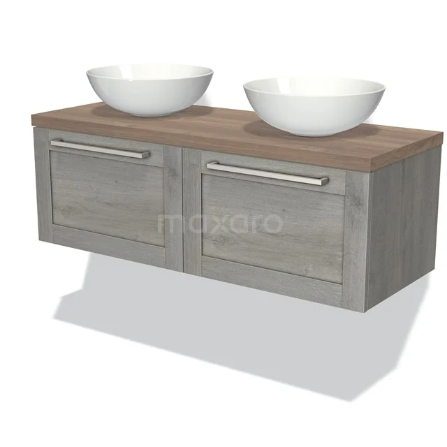 Holz-Badmöbel mit zwei weißen Waschbecken, grauem Schubladenschrank und modernen Haltegriffen für eine stilvolle Badezimmergestaltung.